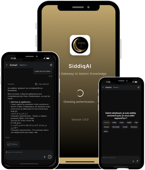 SIDDIQ Islamic AI Assistant App Screenshot showing Quran and Hadith-based answers
